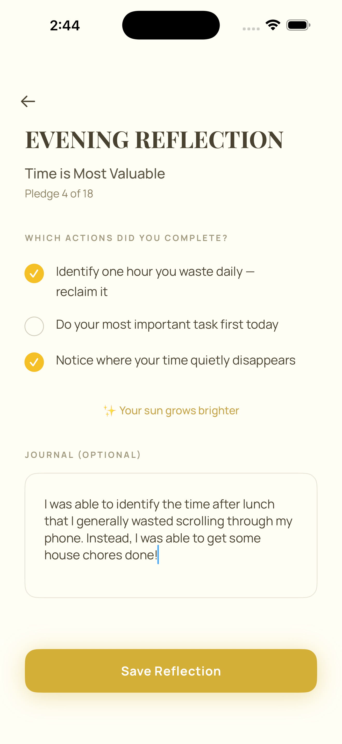 Evening view with action checkboxes