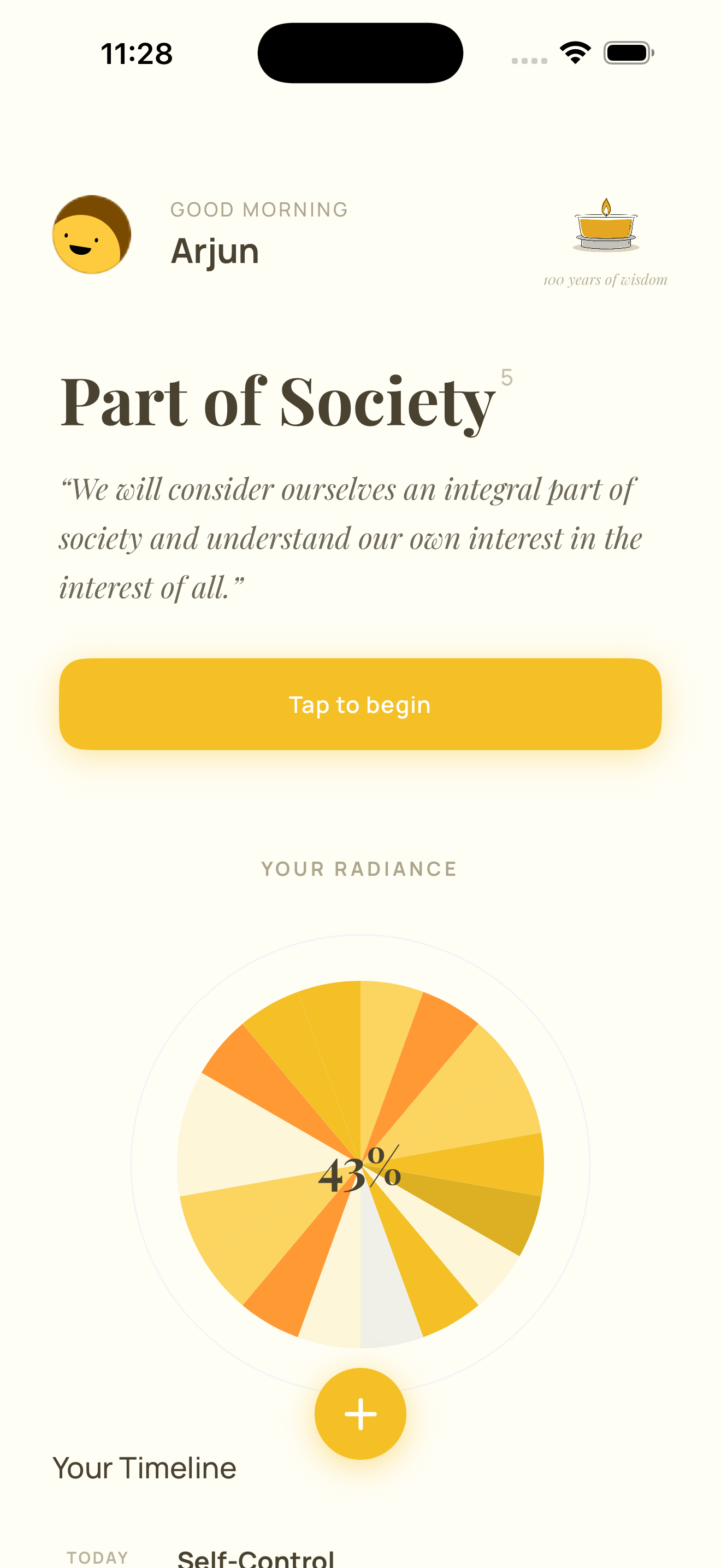 Deep Within app showing today's pledge with radiance chart